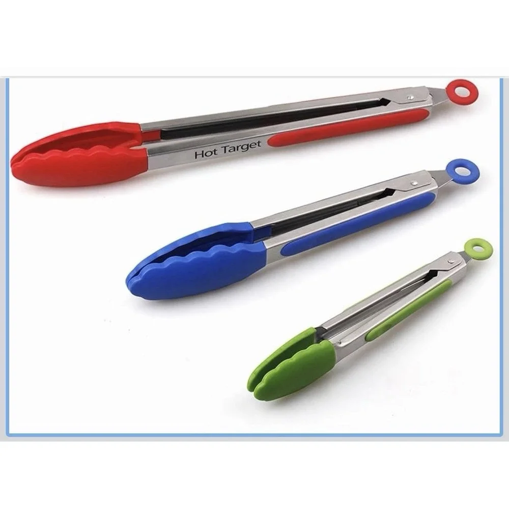 Hot Target 3 PCS Kitchen Tongs Set 7 9 12 Inch Silicone Tips Stainless Steel NEW